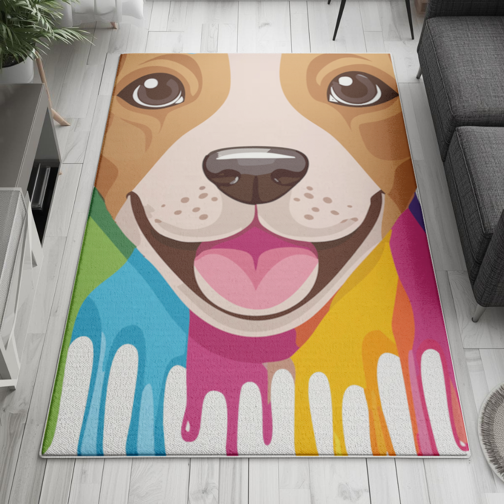 Renkli Boya Damlalı Mutlu Köpek Tasarımı Salon Halısı
