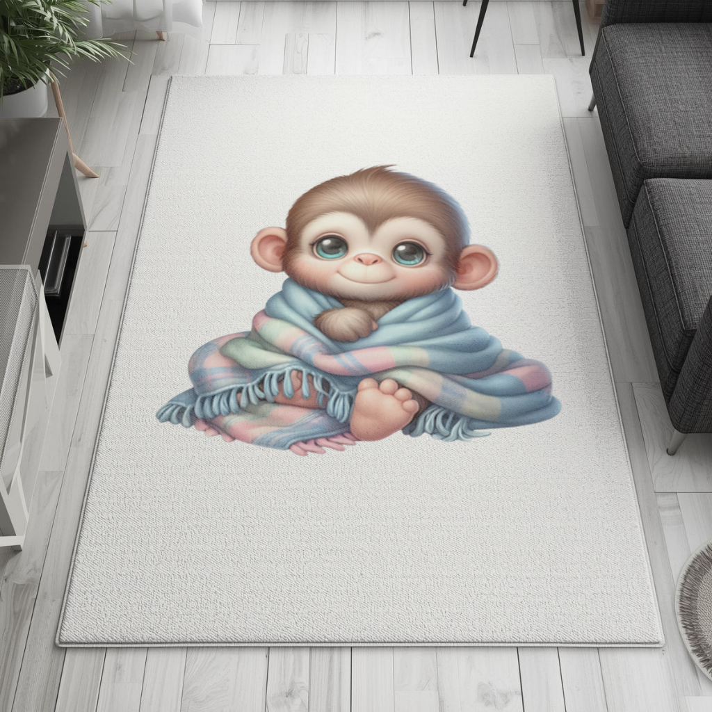 Battaniyeye Sarılı Tatlı Bebek Maymun Salon Halısı