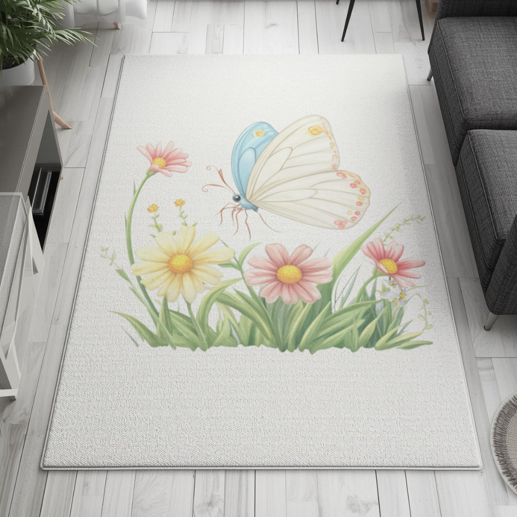 Whimsical Pastel Butterfly and Wildflowers Living room carpet