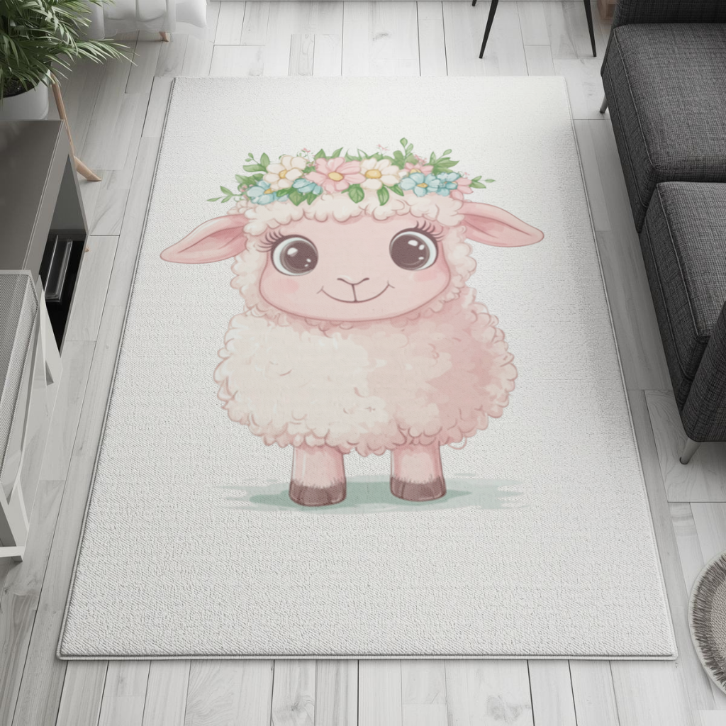 Kawaii Çiçek Taçlı Pembe Kuzu Salon Halısı