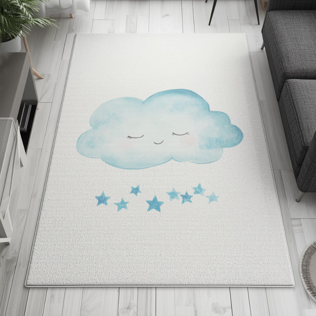Watercolor Sleepy Cloud and Blue Stars Living room carpet