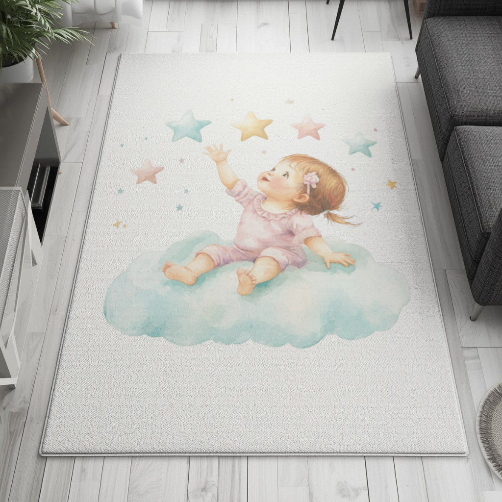 Baby Girl Reaching for Stars on a Cloud Living room carpet