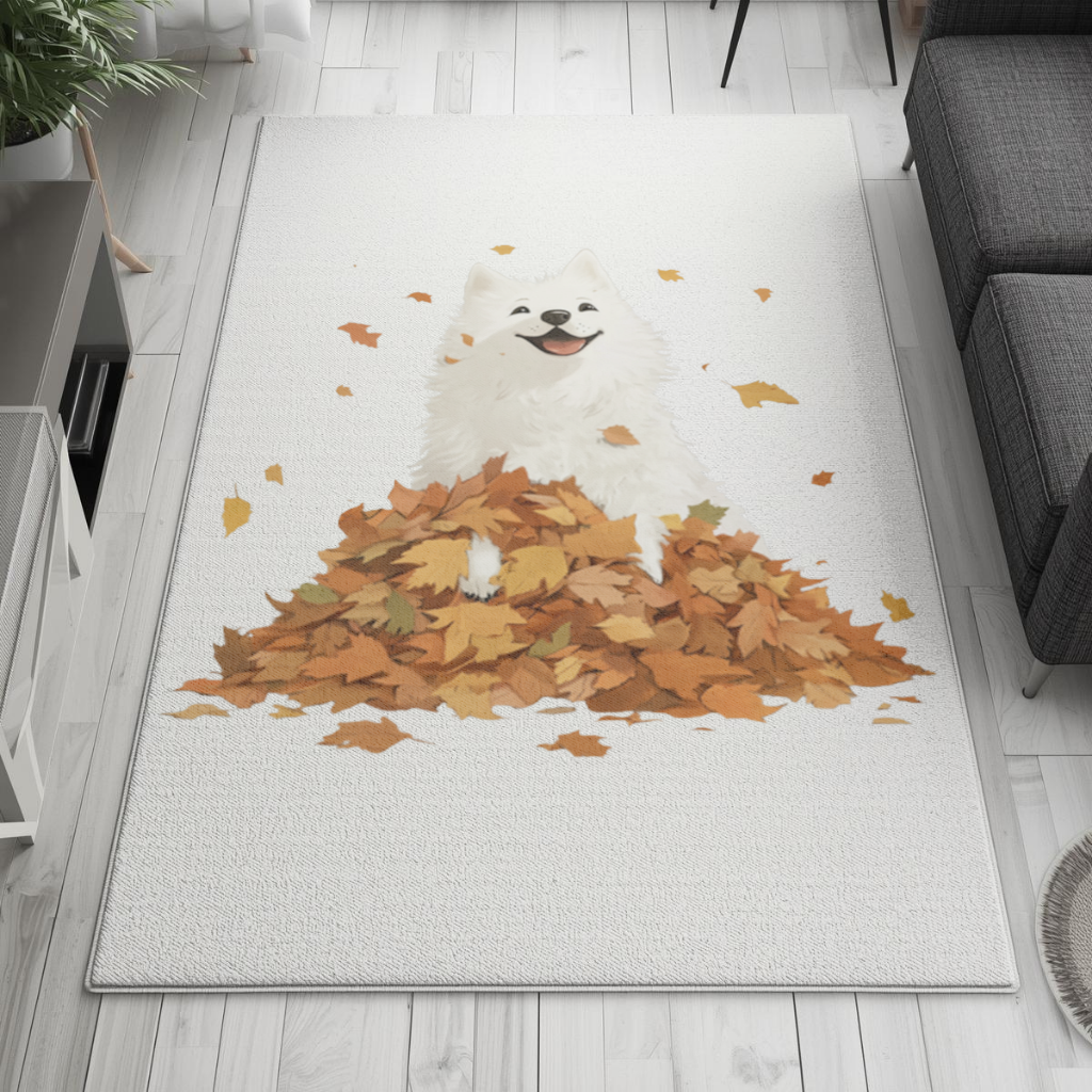 Happy White Dog in Autumn Leaves Living room carpet
