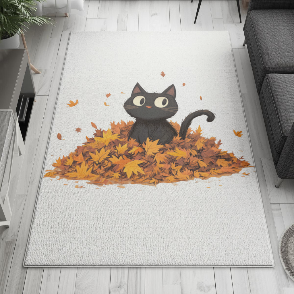 Cute Black Cat in Autumn Leaves Living room carpet