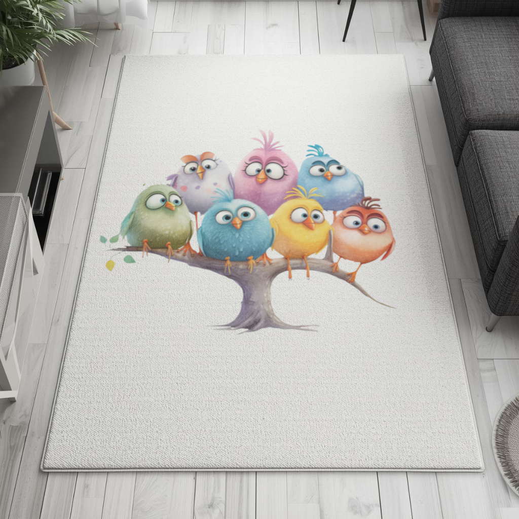 Whimsical Colorful Birds on Branch Living room carpet