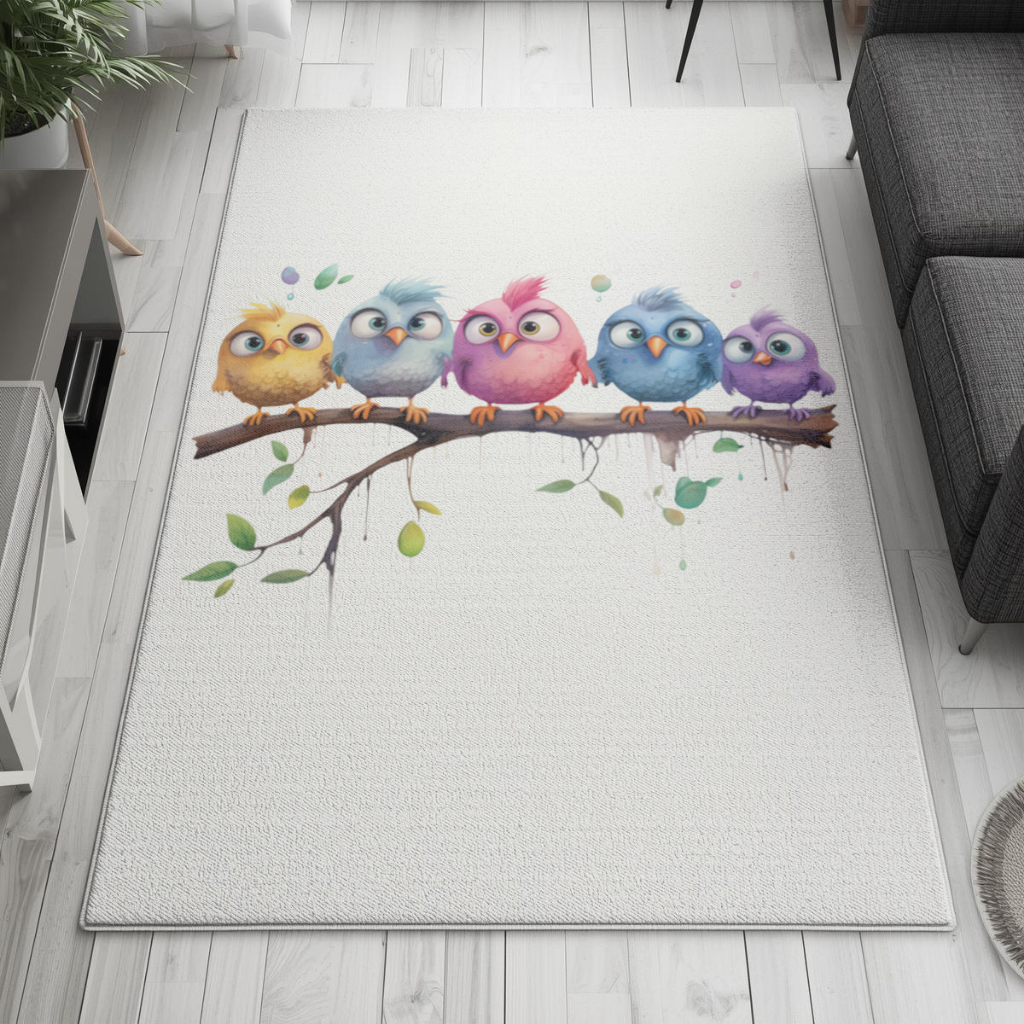 Five Colorful Kawaii Birds on Branch Living room carpet