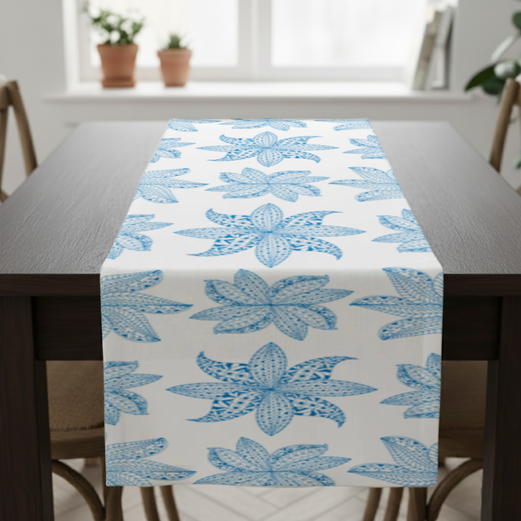 Blue Mandala Floral and Leaf Zentangle Pattern Runner