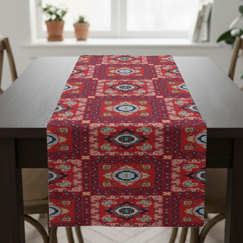 Geleneksel Kilim Motifli Kırmızı Etnik Geometrik Desen Masa Runner