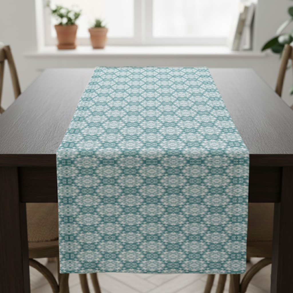 Blue Pixelated Geometric Ornament Pattern Runner