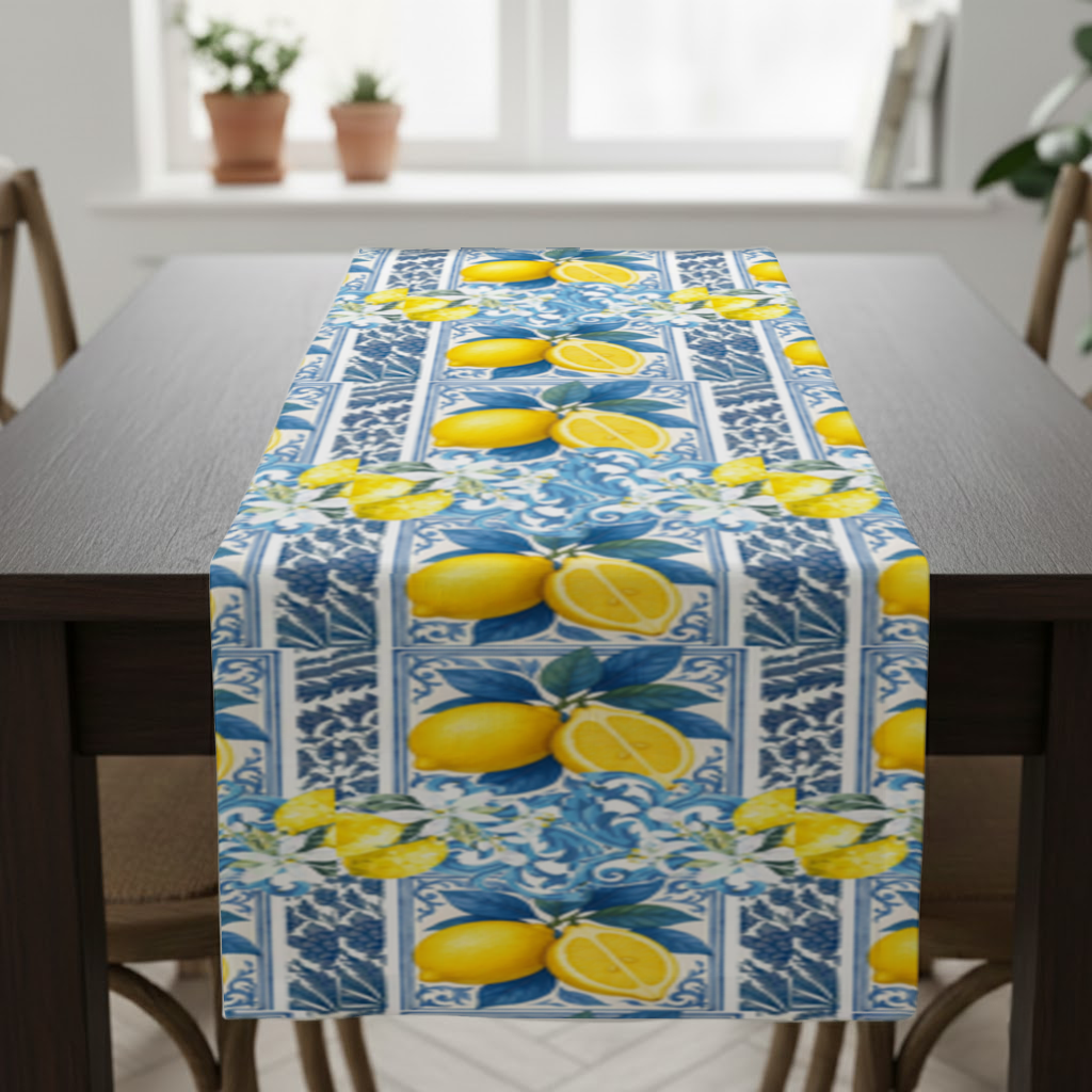 Mediterranean Lemon and Blue Azulejo Tile Pattern Masa Runner