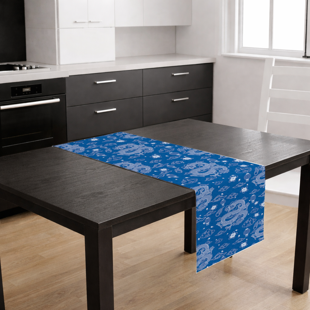 Traditional Dragon Pattern on Blue Background Runner