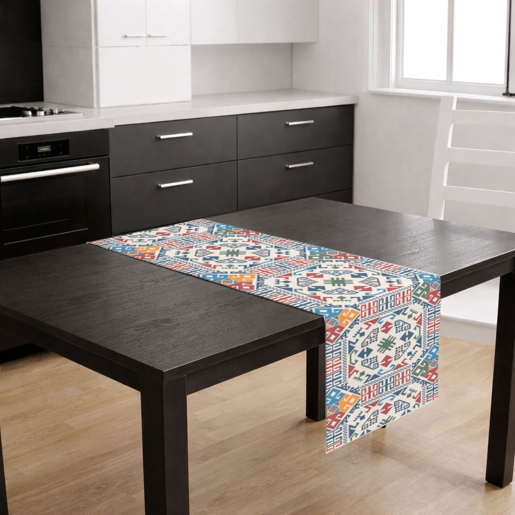 Çok Renkli Etnik Geometrik Motif Masa Runner