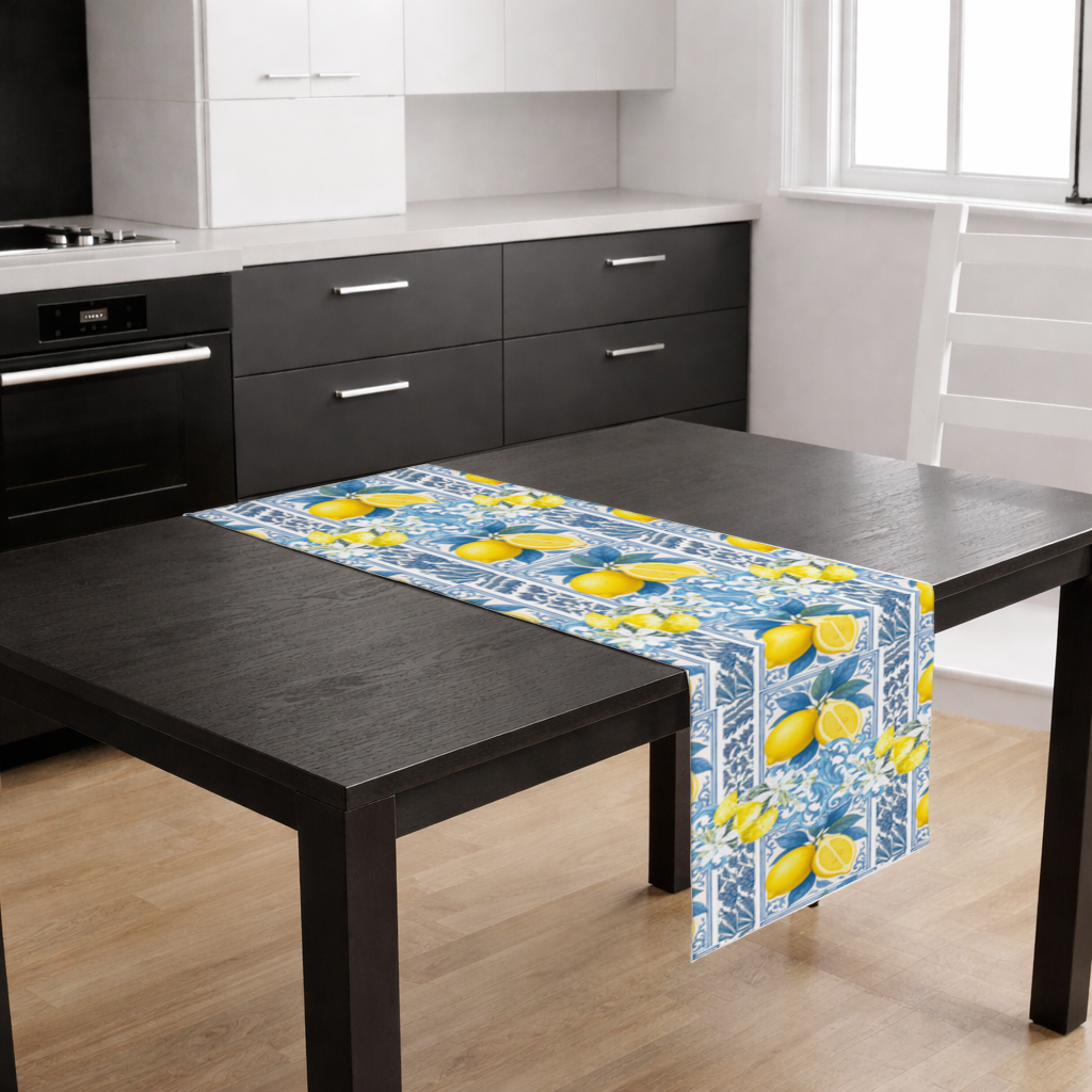 Mediterranean Lemon and Blue Azulejo Tile Pattern Runner