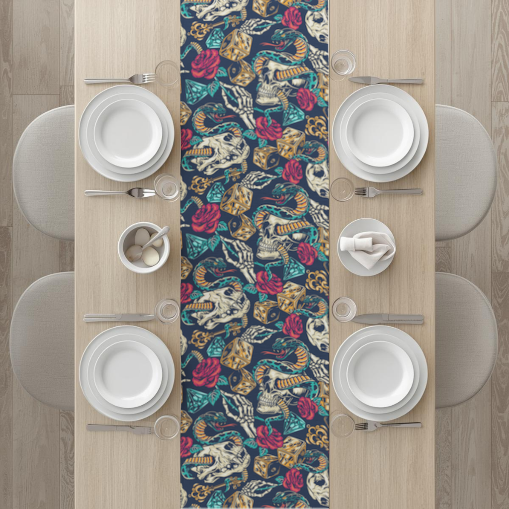 Skull Snake Dice and Roses Pattern Runner