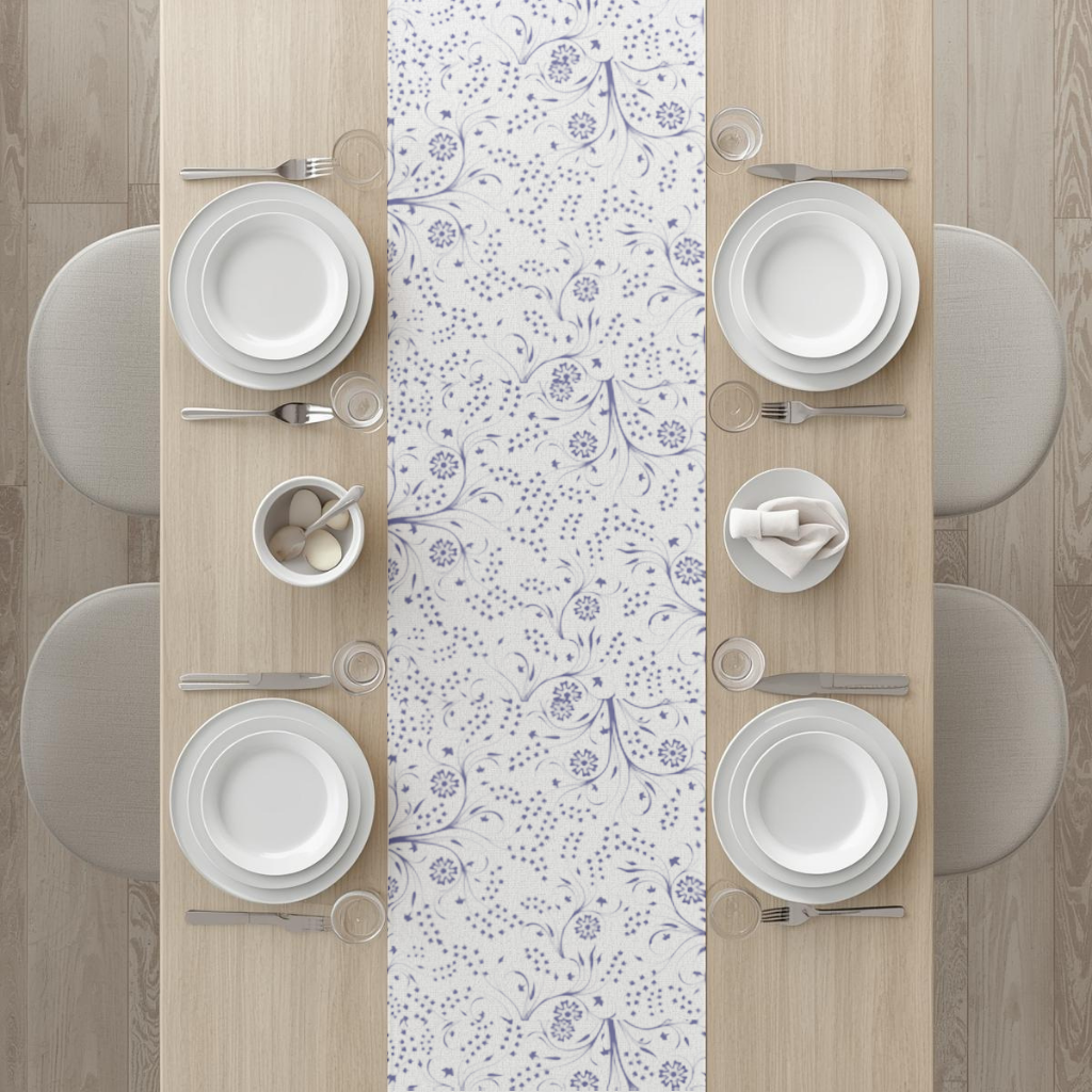 Blue White Vintage Floral Pattern Runner