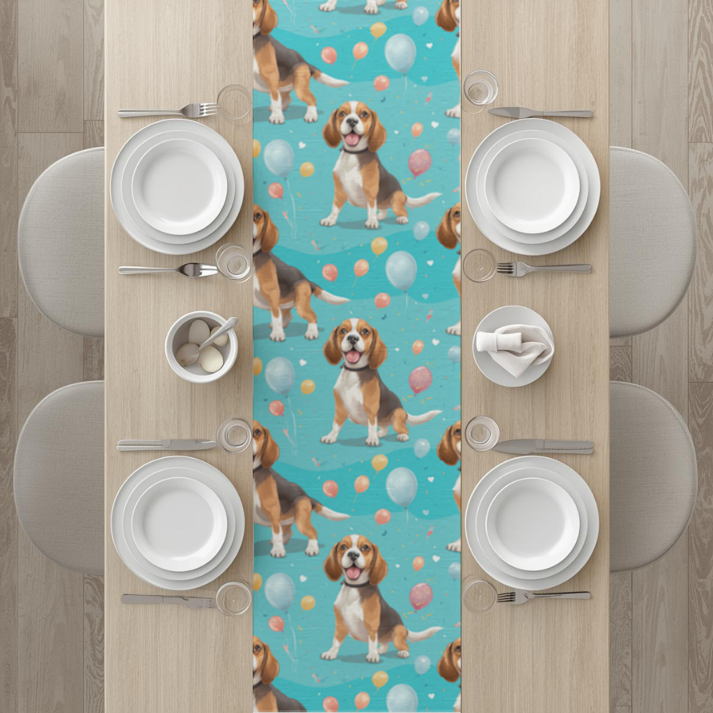 Sevimli Beagle Köpek ve Renkli Balonlar Desenli Tasarım Masa Runner