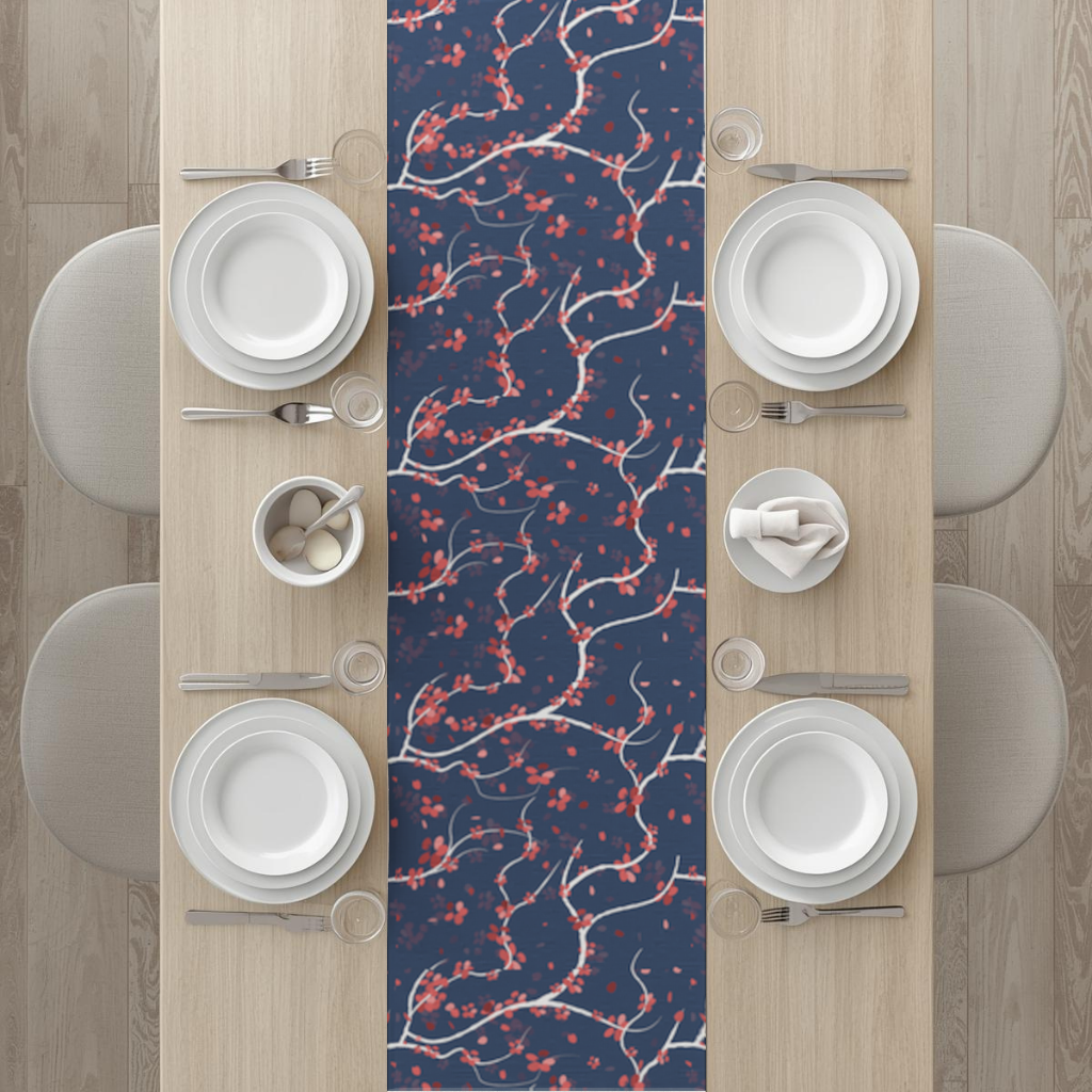 Red Floral Branch Pattern on Navy Background Runner