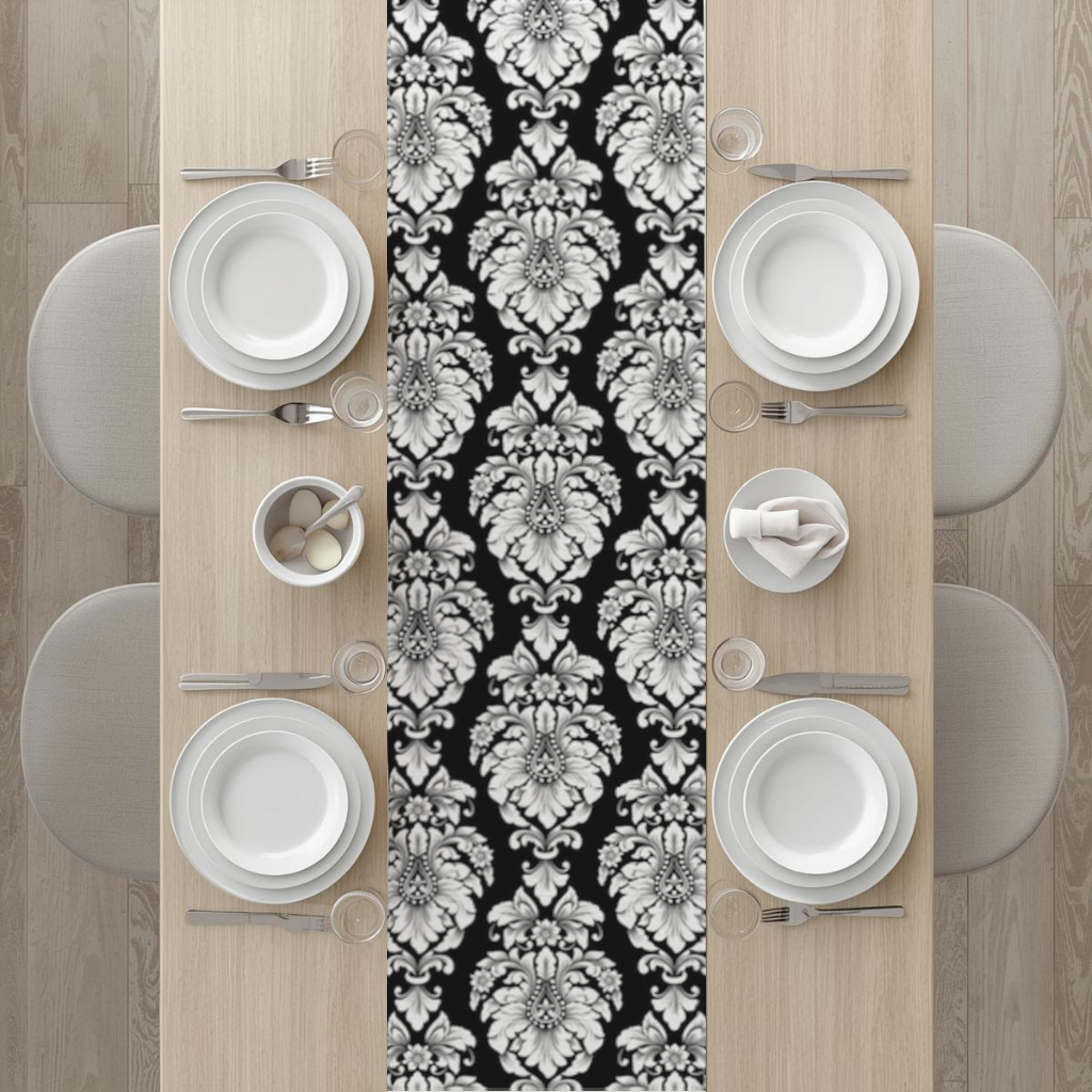 Black and White Baroque Floral Pattern Runner