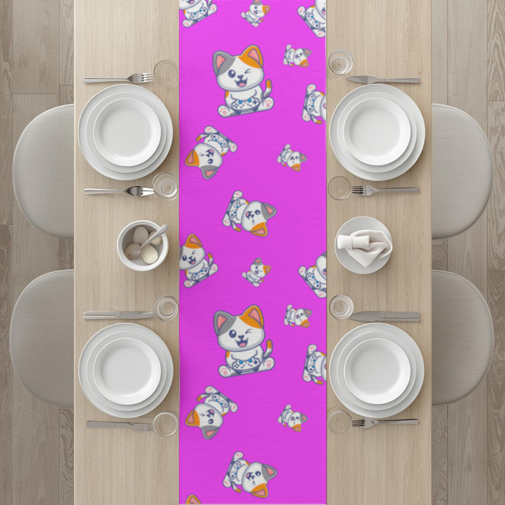 Cute Cartoon Cat Pattern on Pink Background Runner
