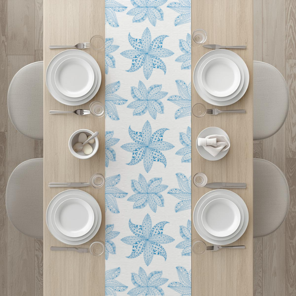 Blue Mandala Floral and Leaf Zentangle Pattern Runner