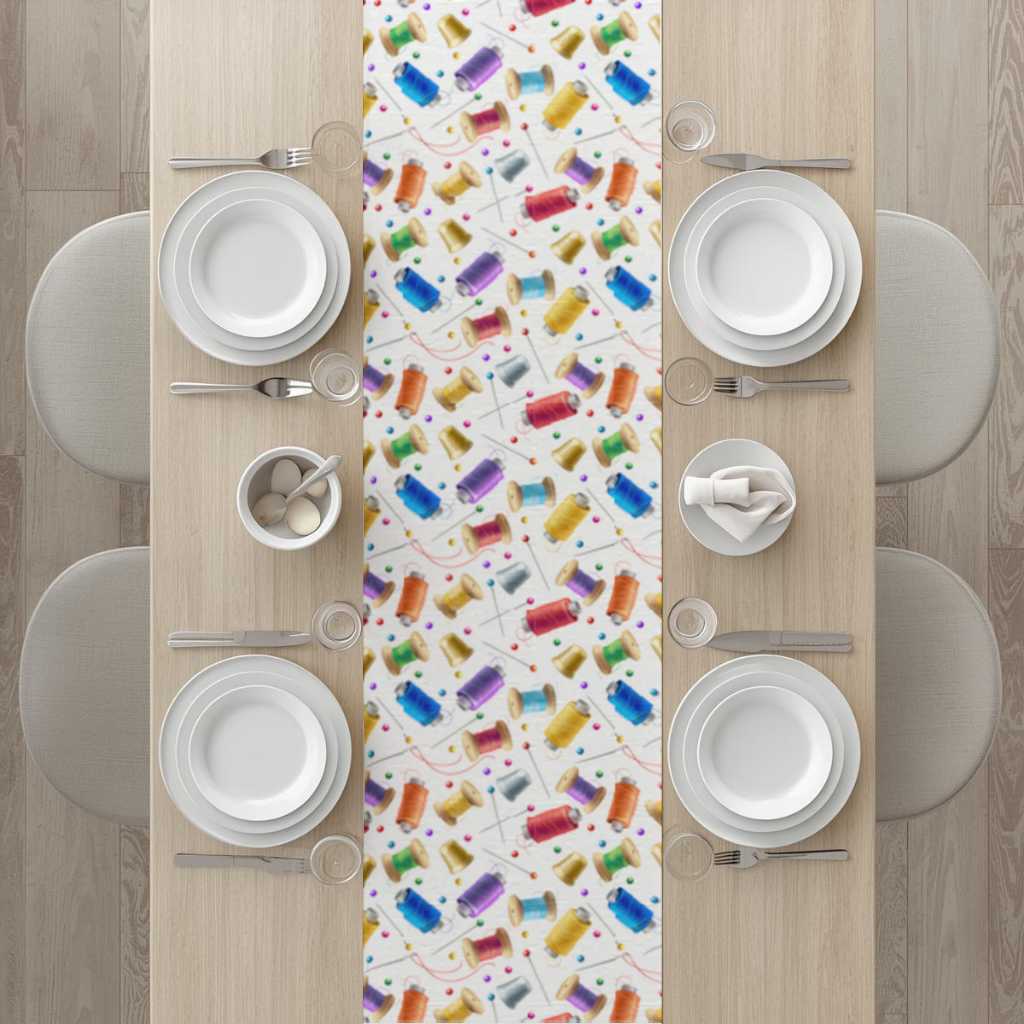 Colorful Thread Spools and Sewing Tools Pattern Runner