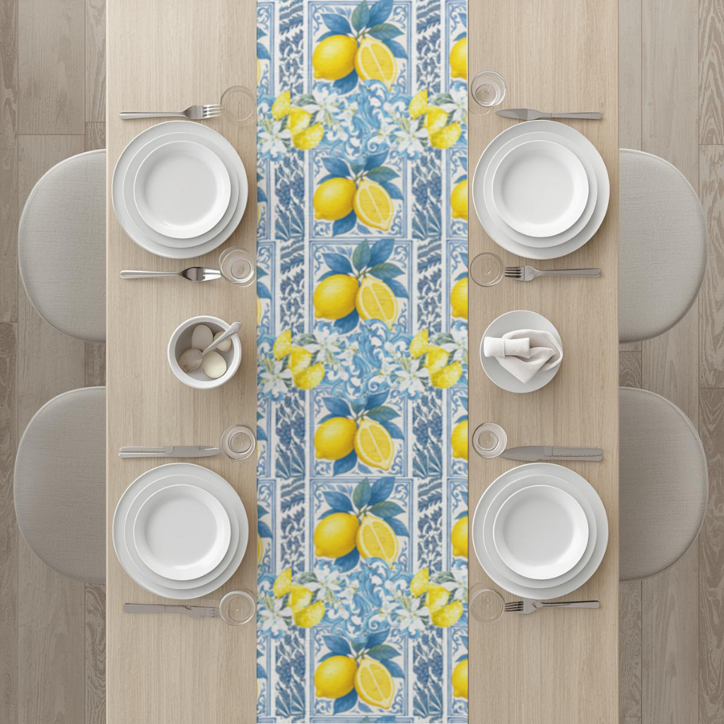 Mediterranean Lemon and Blue Azulejo Tile Pattern Runner