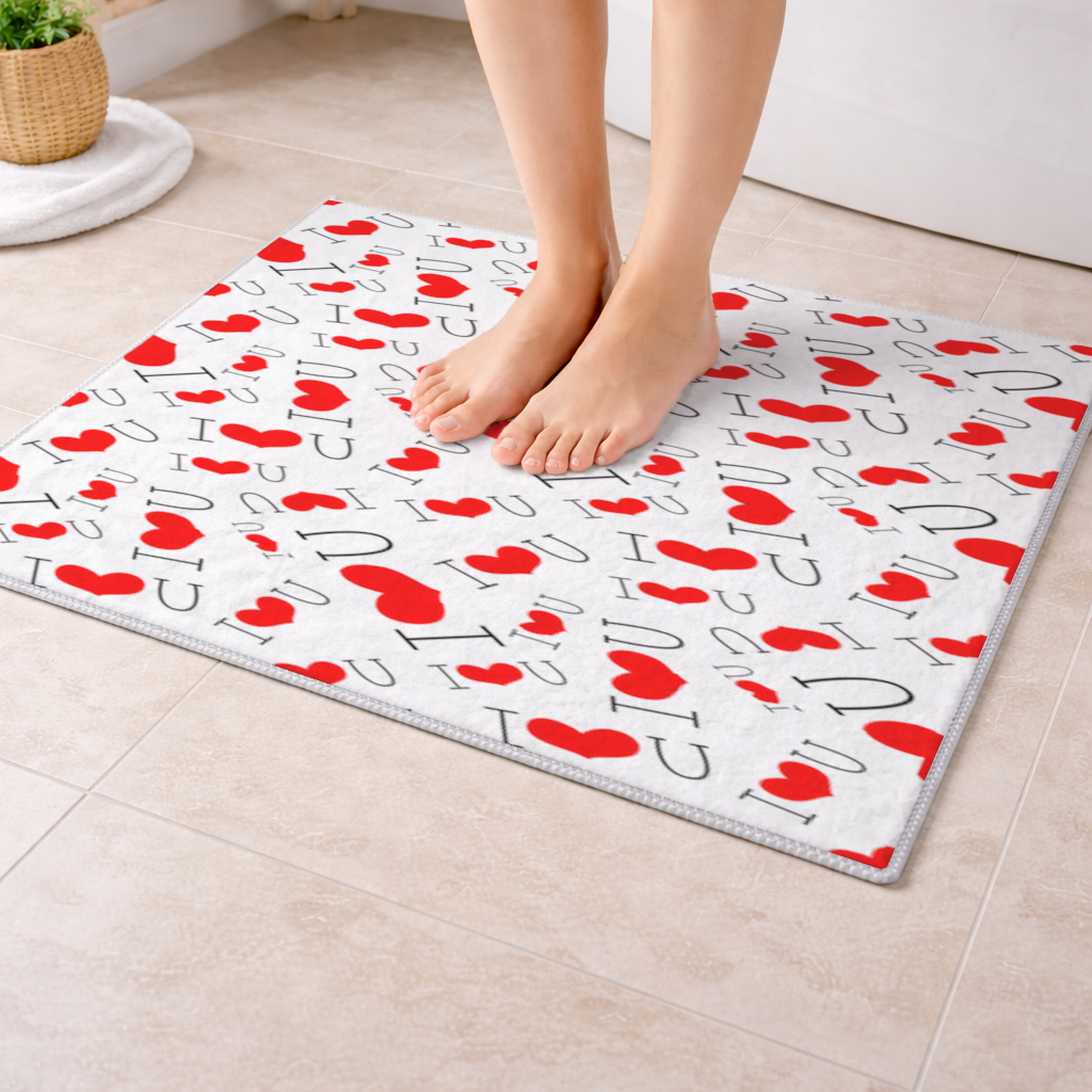 14 Şubat I Love You Yazılı Kalp Desenli Romantik Tasarım Banyo Halısı