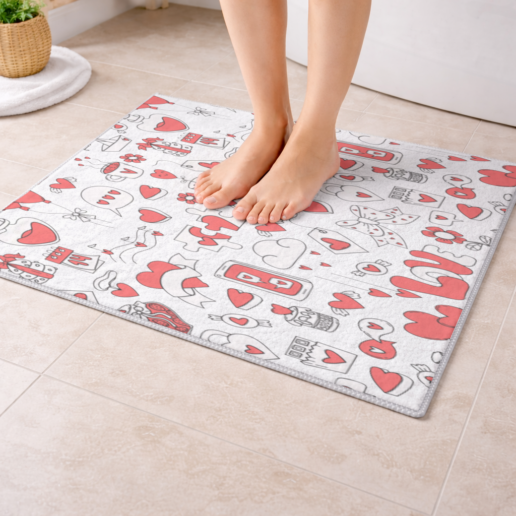 Valentines Day Doodle Love Heart Pattern Cute Design Bath Mat