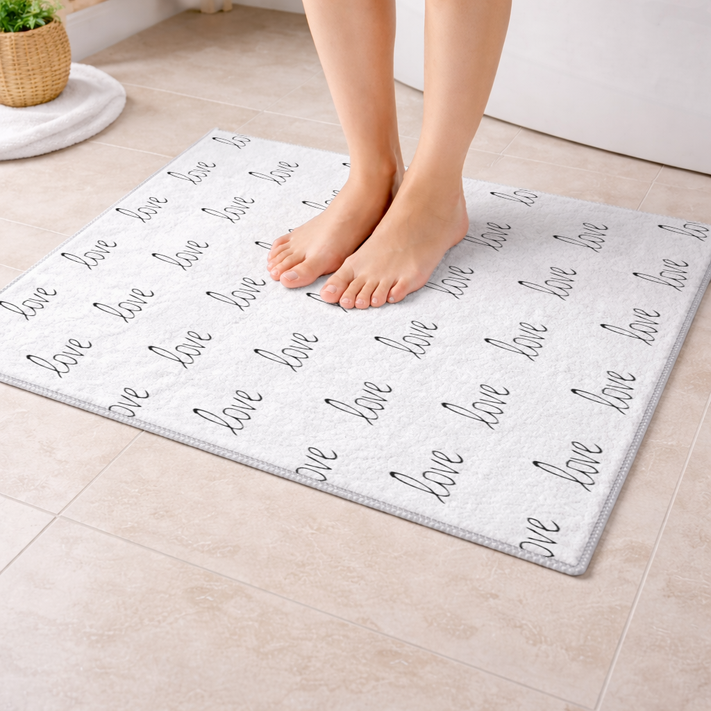 Minimal Love Yazılı Siyah Beyaz Romantik Desen Tasarım Banyo Halısı