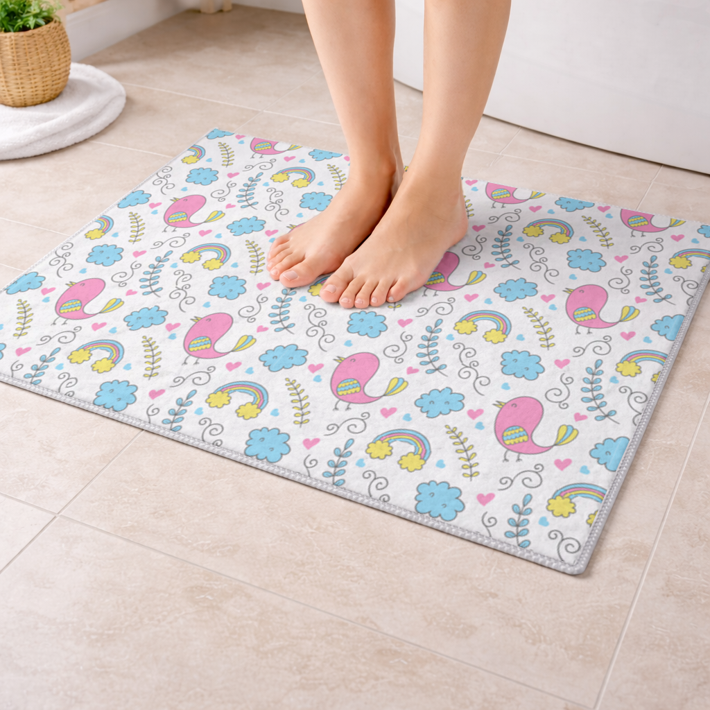 Sevimli Pembe Kuşlu ve Gökkuşaklı Çocuk Deseni Banyo Halısı