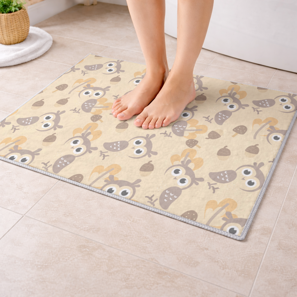 Cute Owl and Acorn Autumn Seamless Pattern Bath Mat