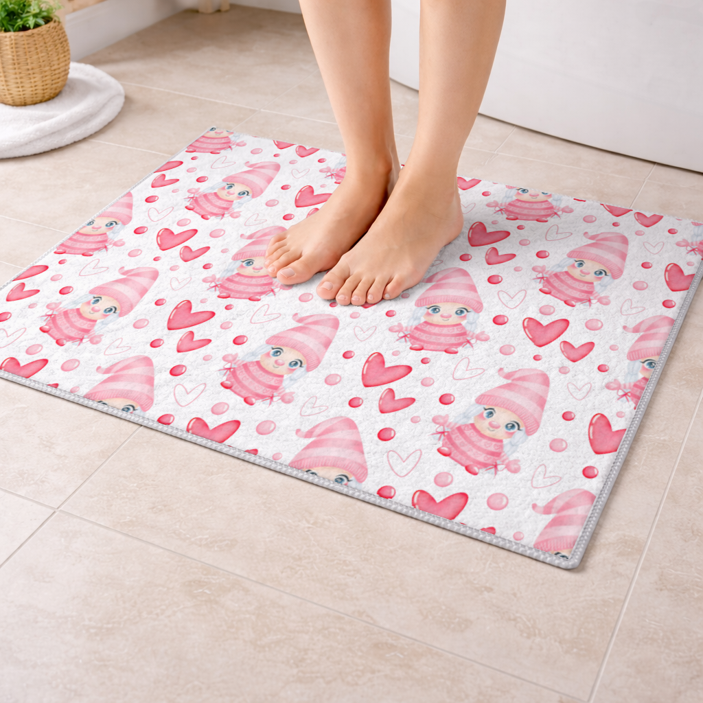 14 Şubat Sevimli Pembe Kız Bebek Kalp Desenli Tasarım Banyo Halısı
