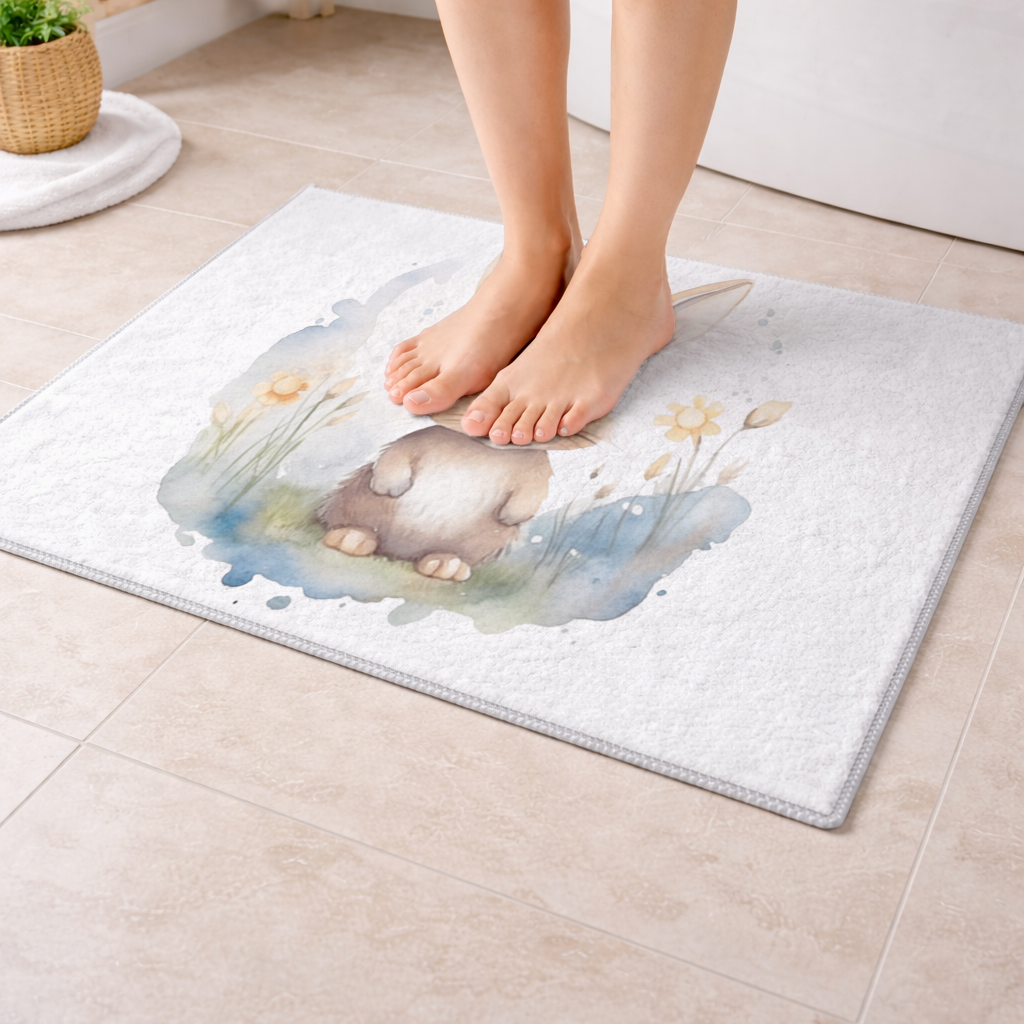 Cute Bunny Watercolor Illustration Bath Mat