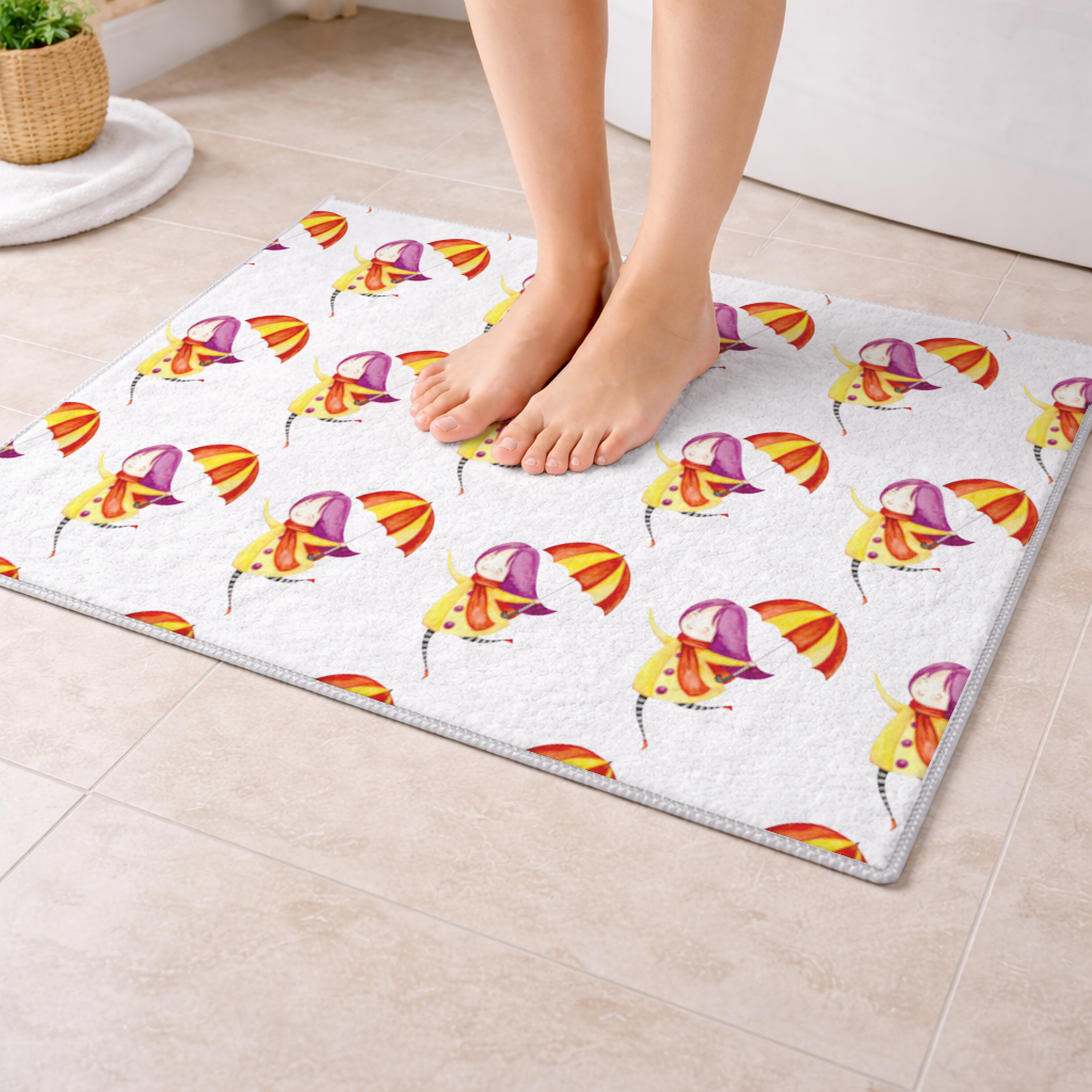 Cheerful Girl with Umbrella Bath Mat