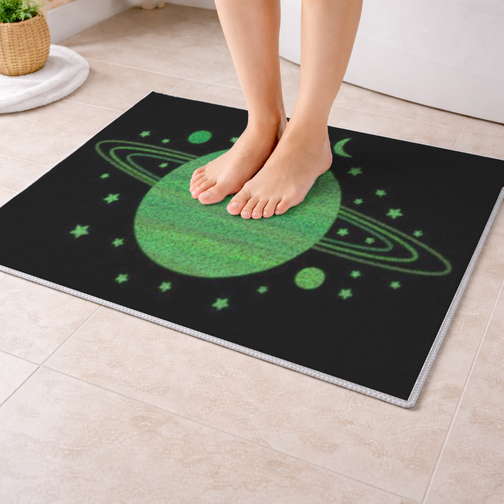 Green planets on a black background. Bath Mat