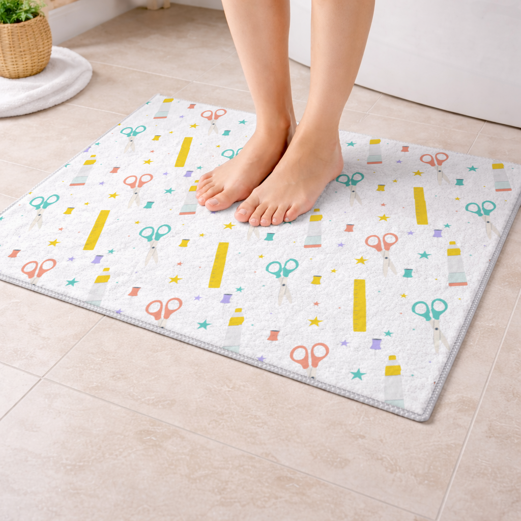 Renkli Okul ve Kırtasiye Gereçleri Deseni Banyo Halısı