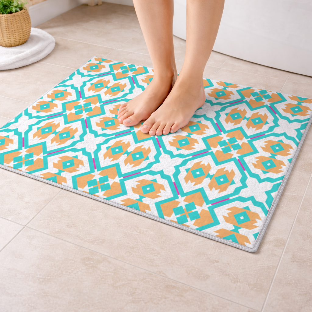Orange and Turquoise Geometric Pattern Bath Mat