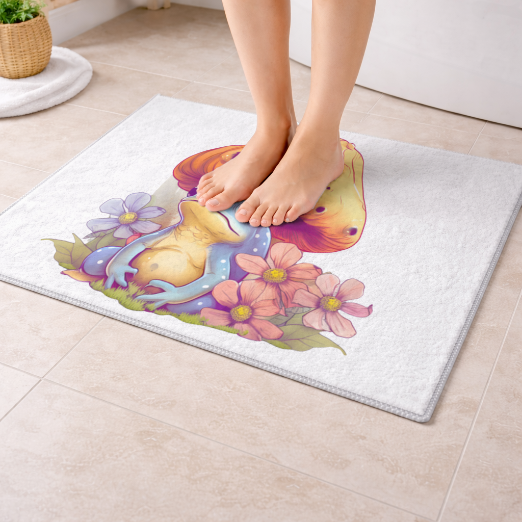 Blue Frog Resting Under Orange Mushroom Bath Mat
