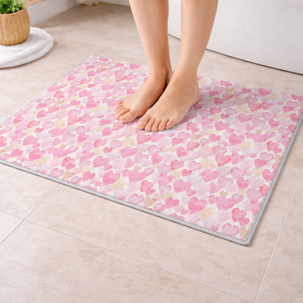 Watercolor Pink Hearts Bath Mat