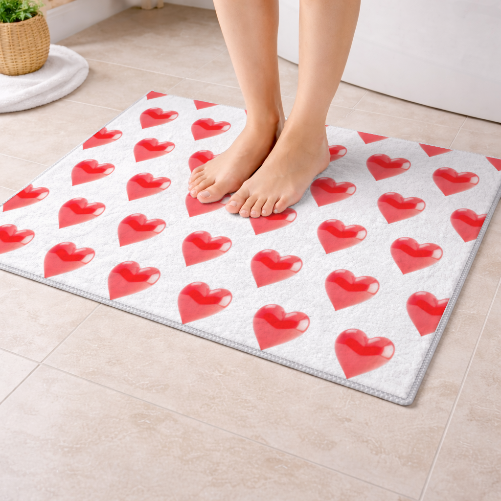 Parlak Kırmızı 3D Kalp Banyo Halısı
