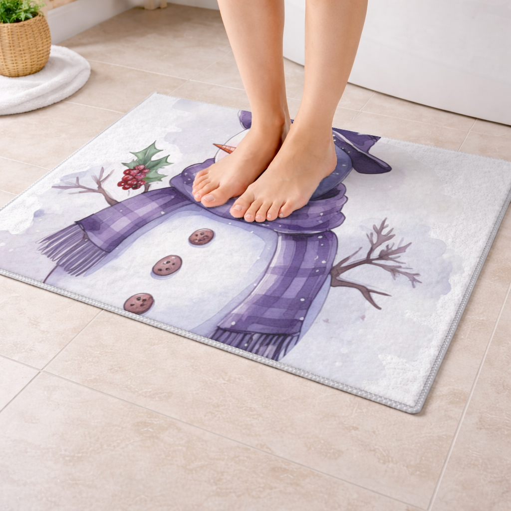 Whimsical Purple Snowman Bath Mat
