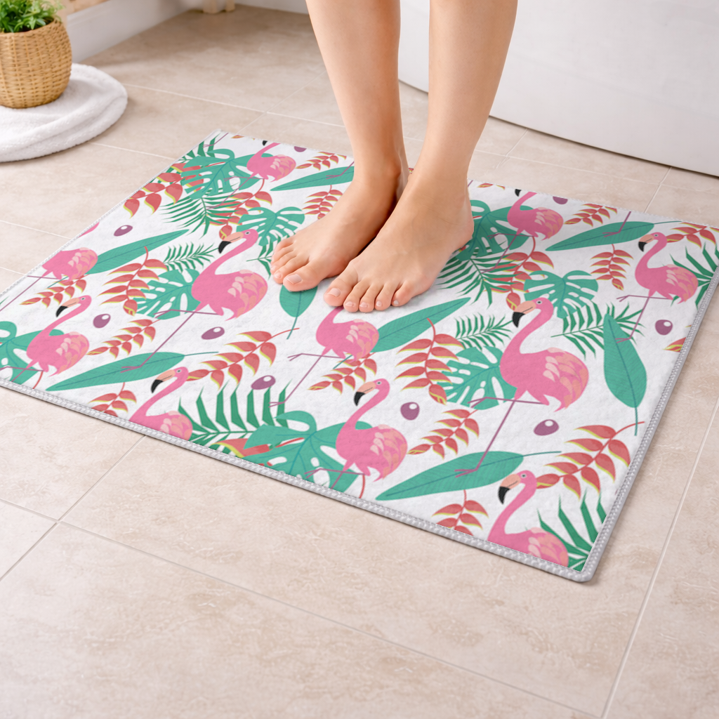 Pembe Flamingo Tropikal Yapraklar Banyo Halısı