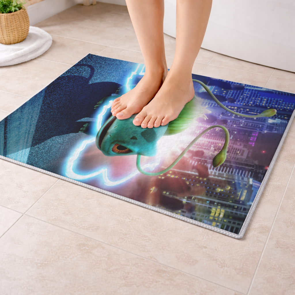 Glowing Neon Creature in Night City Bath Mat