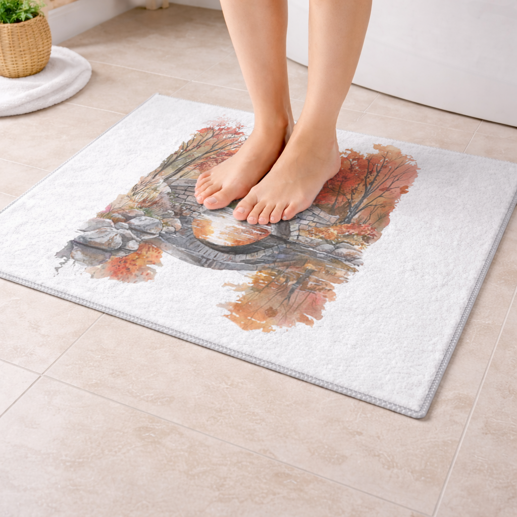 Autumn Stone Arch Bridge Over River Bath Mat