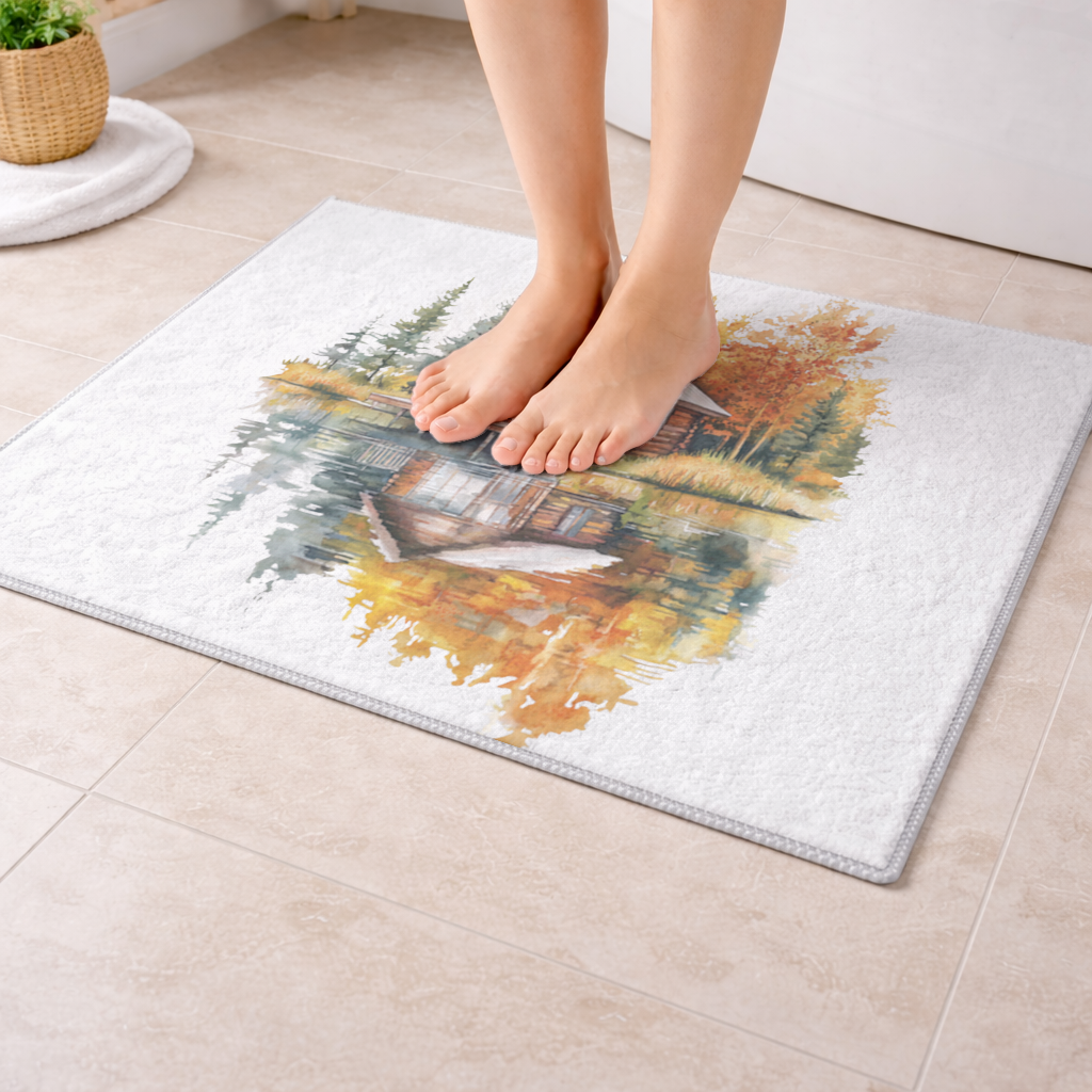 Lakeside Log Cabin Autumn Landscape Bath Mat