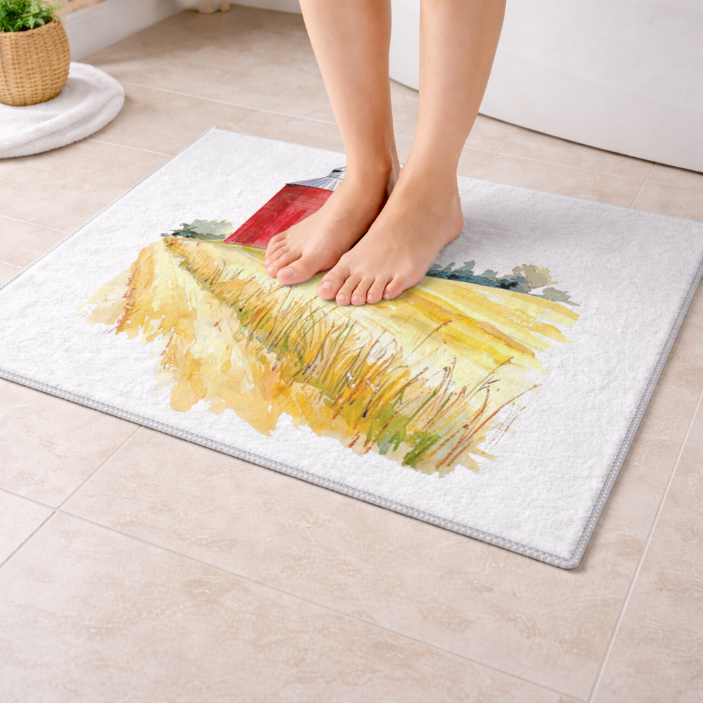 Red Farm Silo and Golden Wheat Field Bath Mat