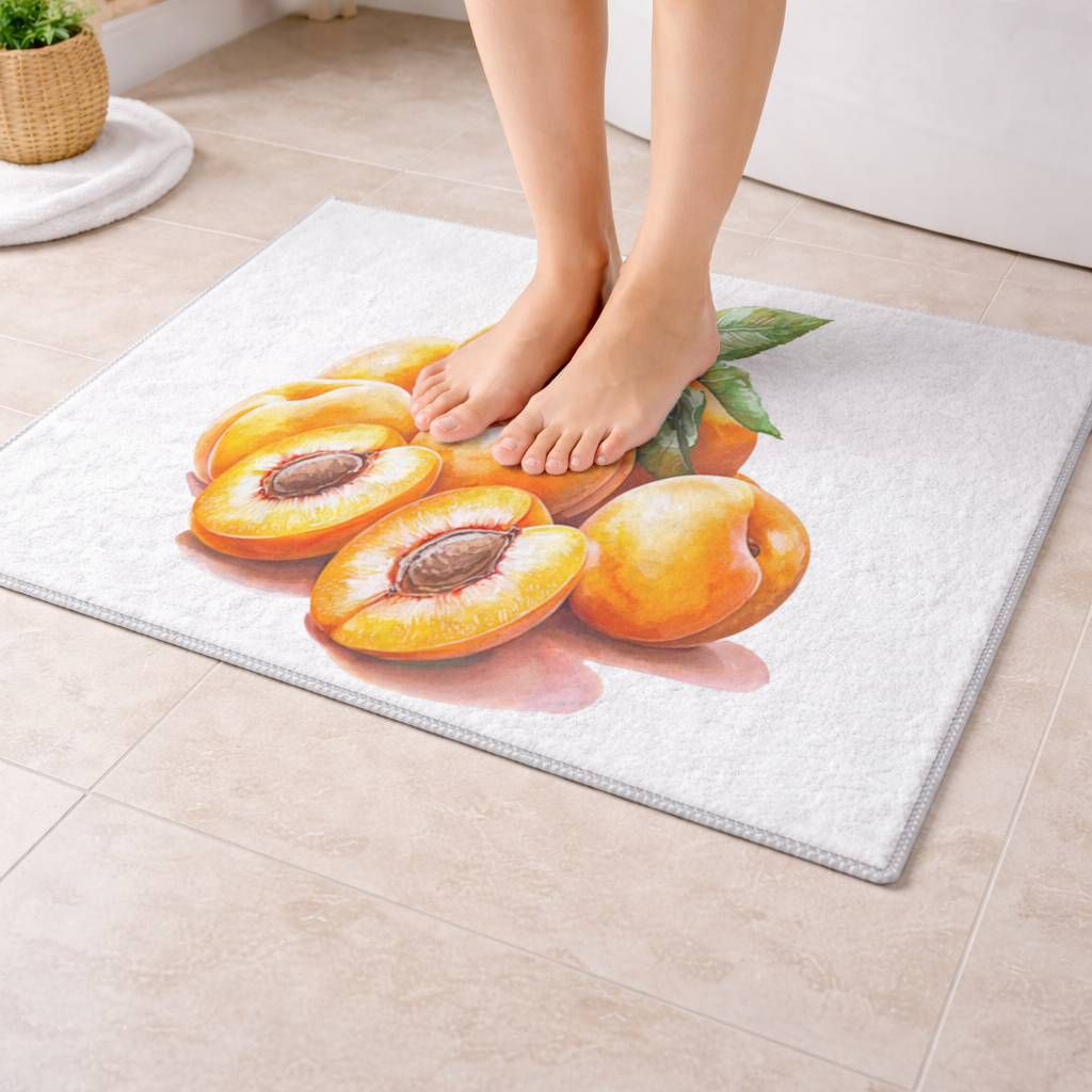 Watercolor Apricot and Leaves Bath Mat
