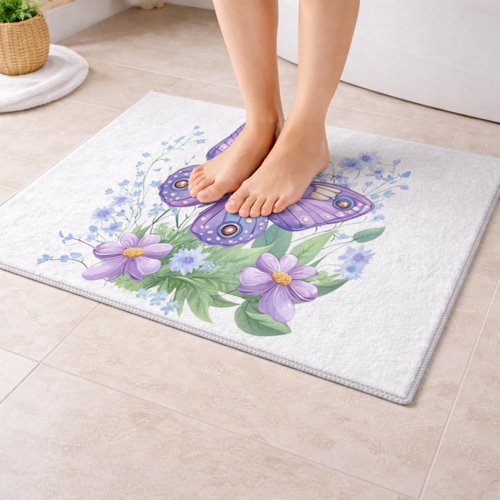 Cottagecore Purple Butterfly Floral Bath Mat