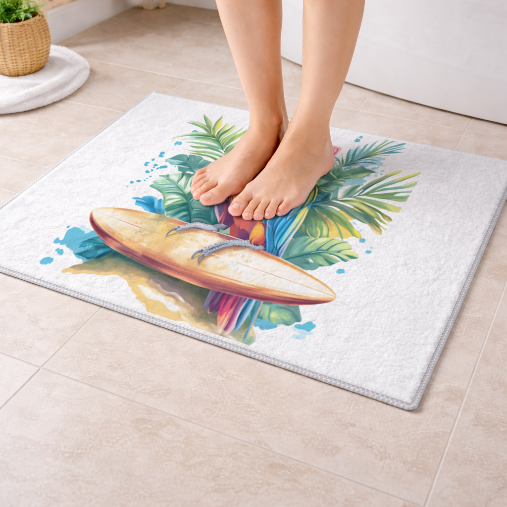 Surfing Parrot with Pink Sunglasses Bath Mat