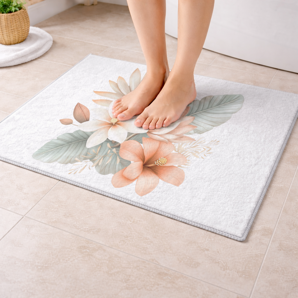 Soft Peach Tropical Floral Bouquet Bath Mat